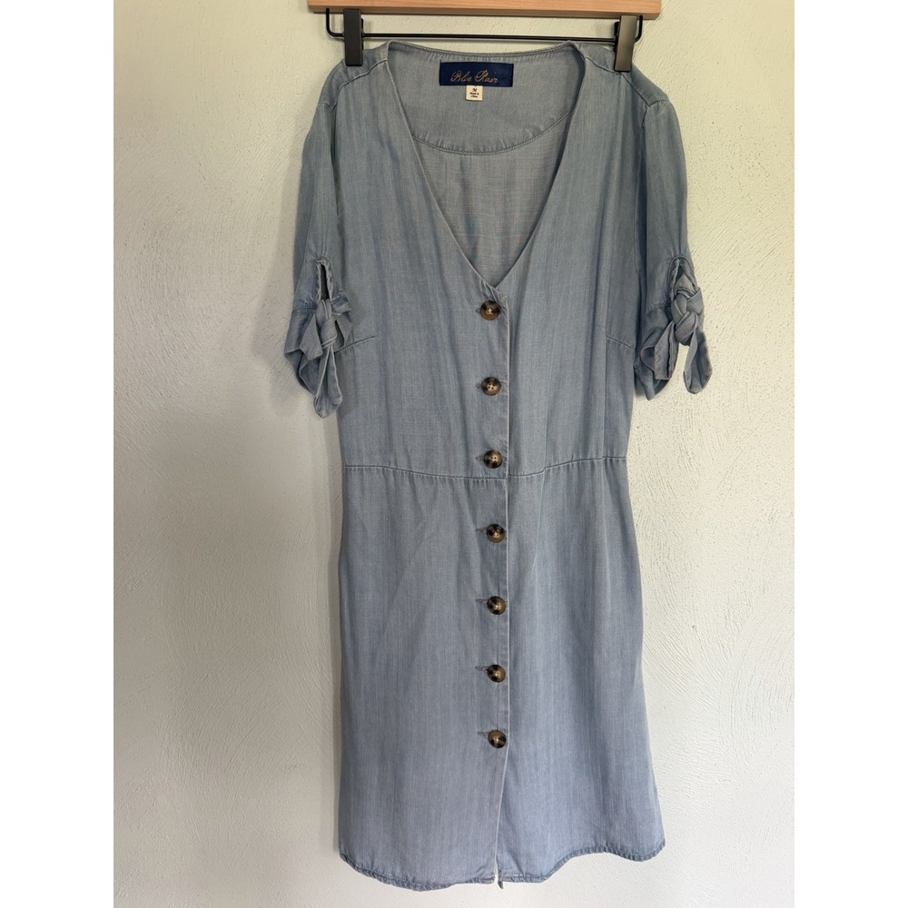 Blue Rain Chambray Mini Dress Blue Tencel Boho Tie Sleeve M PW5000448